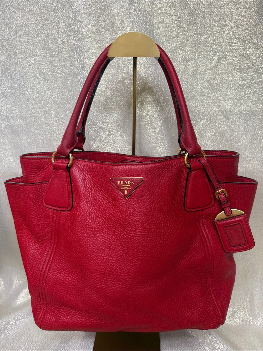 Prada Red Pebbled Leather Vitello Daino Tote with Gold Hardware crossbody strap
